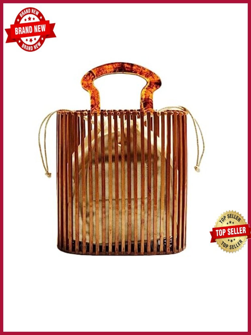 Bamboo & Acrylic Drawstring Bucket Bag Clutch Handbag Beach Purse